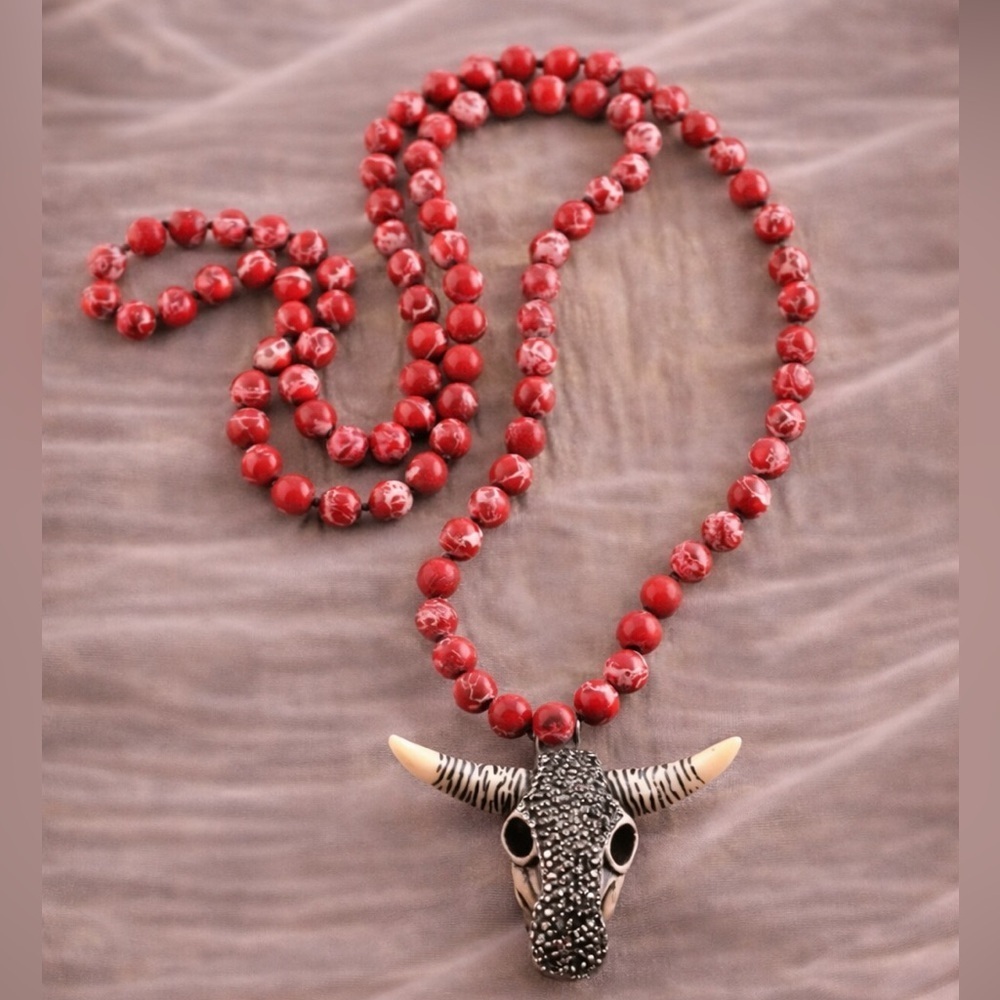 Bohemian Bull Skull Long Knitted Red Natural Stones Necklace 
 FINE CRAFTMANSHIP